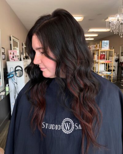 she is glowinggg ••swipe to see her before i used naughty by nature and cherry bomb @amplifyhair extensions and covered her previous color with @kevin.murphy 5.0 ️ ️extensions amplifyhair kevinmurphy haircolor bala 1